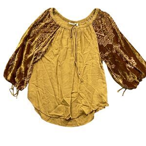 Soft Surroundings XS Gold 3/4 Peasant Blouse Rayon -Sleeves Rayon/Silk
